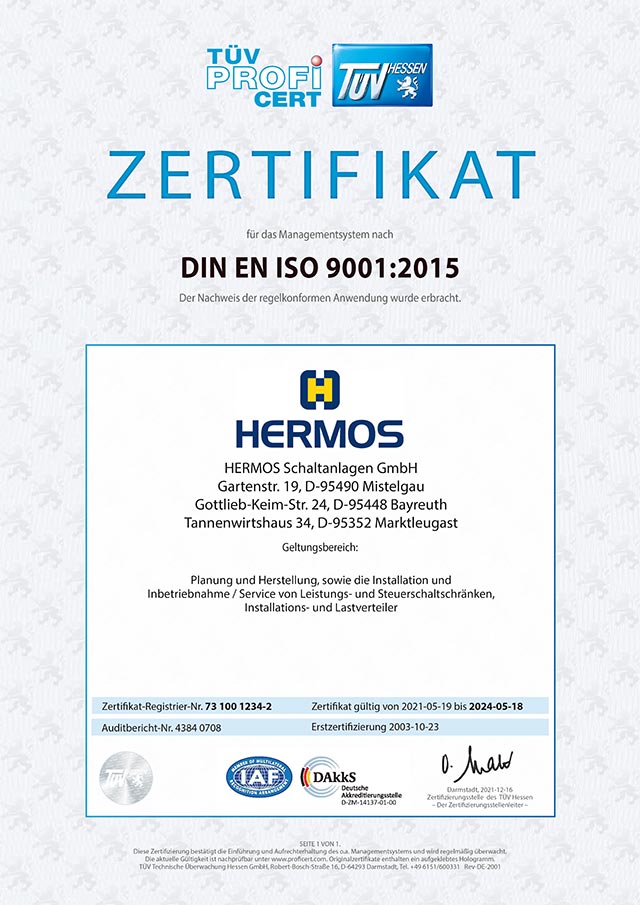 ISO-9001 Zertifikat für die Schaltanlagen