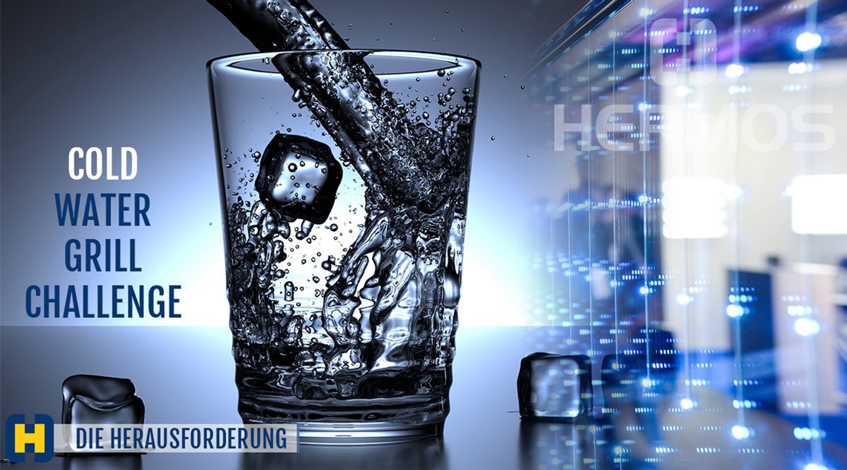Wasser wird in ein Glas Wasser geschüttet mit folgendem Text: Cold Water Grill Challenge. Die Herausforderung