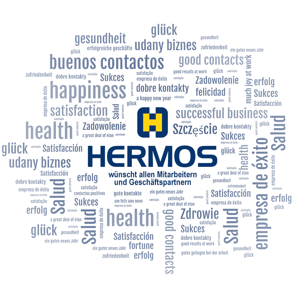HERMOS-Logo mit Gesundheitsglückwünschen auf verschiedenen Sprachen