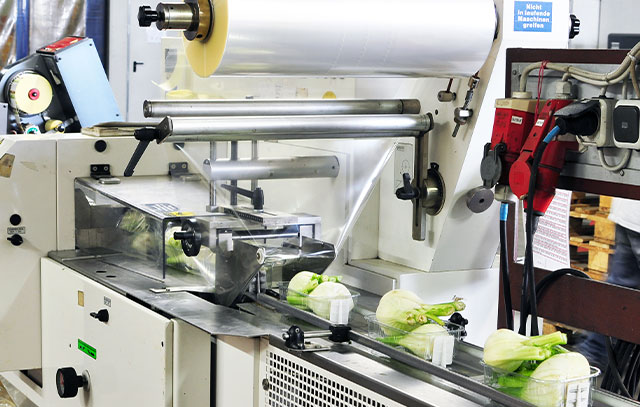 Eine Folien-Verpackungsmaschine, welche gerade Suppengemüse einpackt