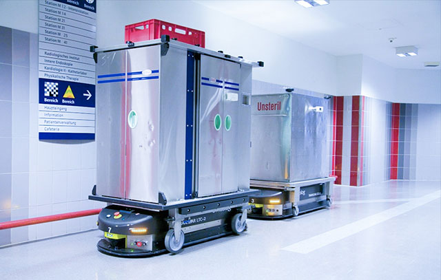 A transport system in a hospital corridor