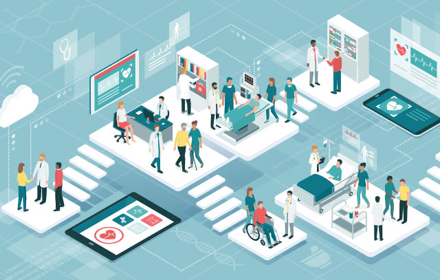 Virtual representation of different areas of a hospital