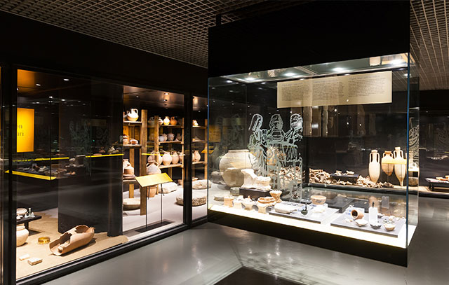 View into a Greek museum with glass showcases