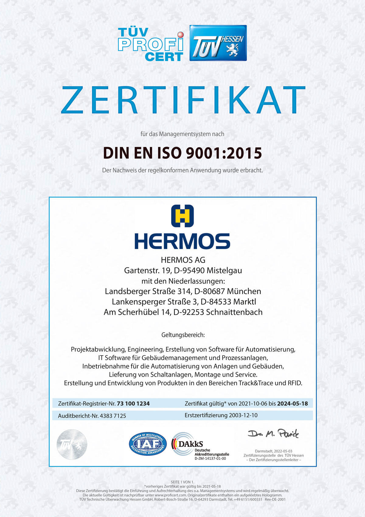 ISO-9001 Zertifikat für die HERMOS AG