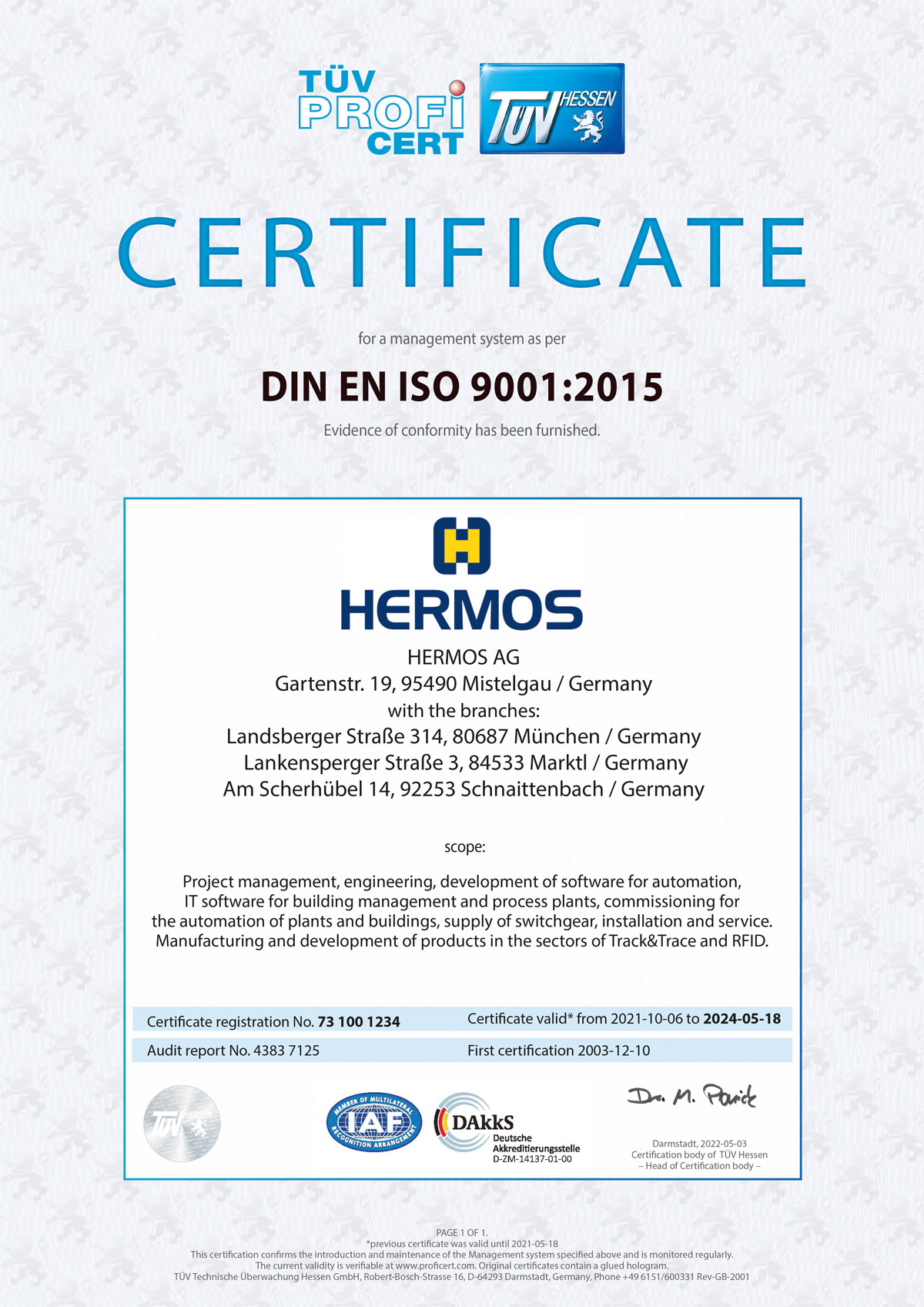 ISO-9001 certificate for HERMOS AG